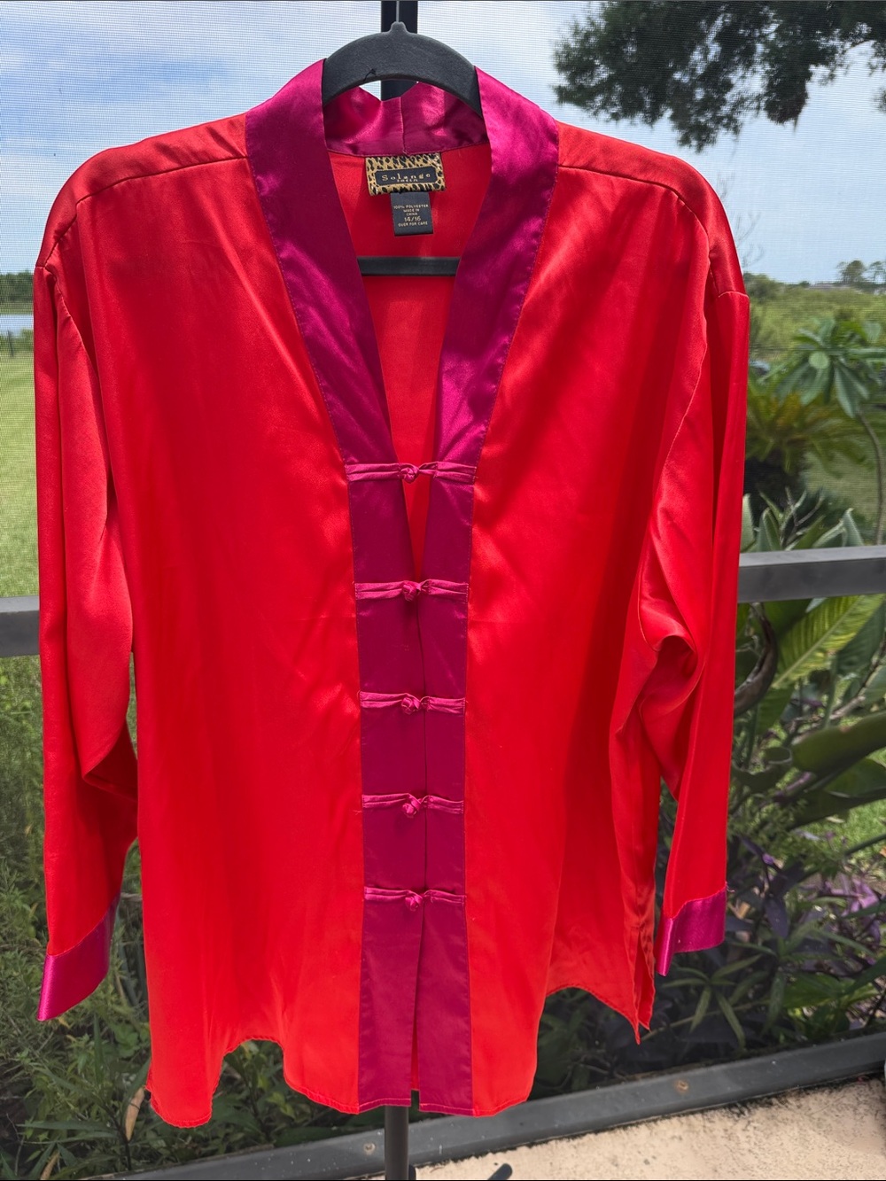 SoLange Women's Red Satin Pajama kimona Jacket with Fuchsia Trim